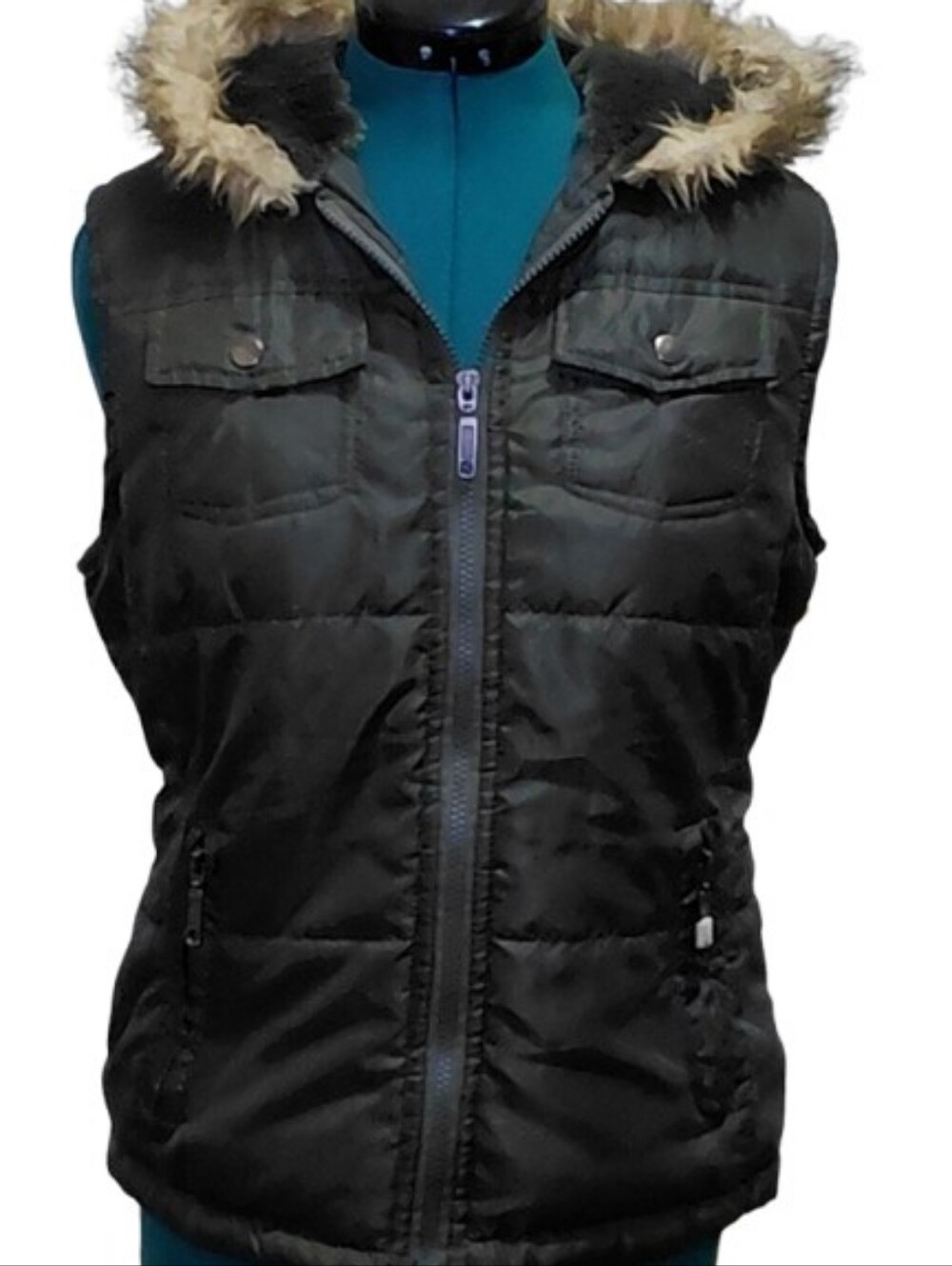 New w/o Tag Size Medium Tall Forest Green Quilted Vest Faux Fur Hood Zip Pockets